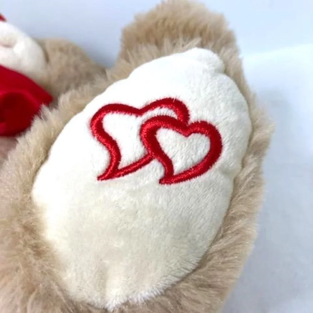 Tan Bear Plush‎ w/ Red Ribbon, Nose & Hearts on Paw